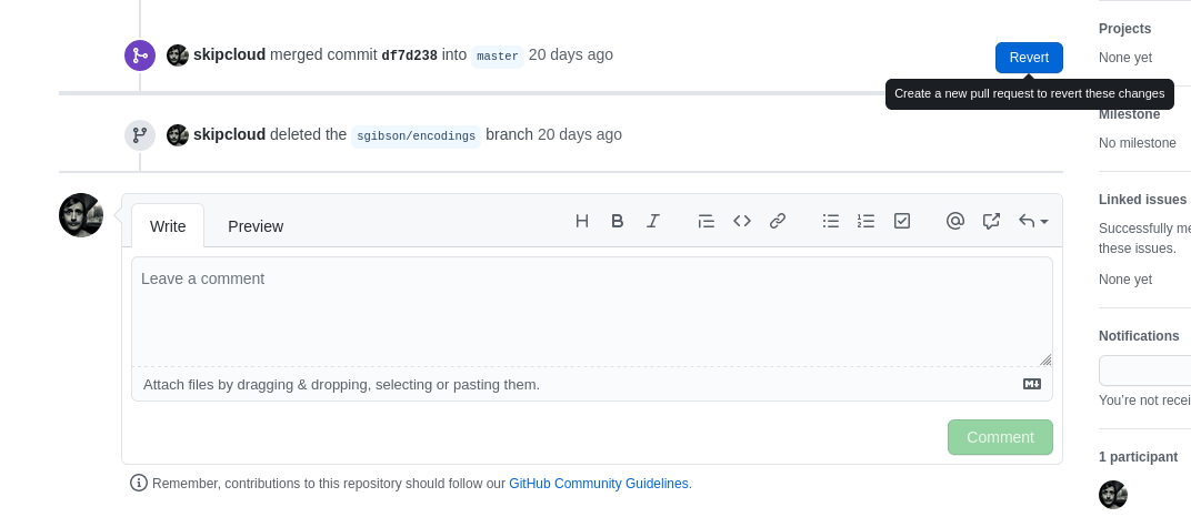 The revert pull request button on github