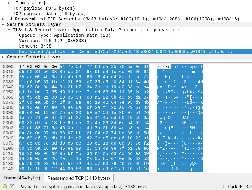 A screenshot from Wireshark showing encrypted application data